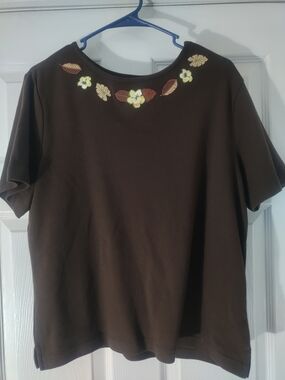 Breckenridge Brown Short-Sleeve Tee with Embroidered Floral Yoke